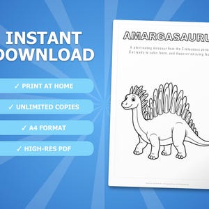 Amargasaurus Dinosaur Activity Bundle | Printable Coloring Pages, Worksheets & Facts for Kids | Preschool Homeschool | Instant PDF image 4