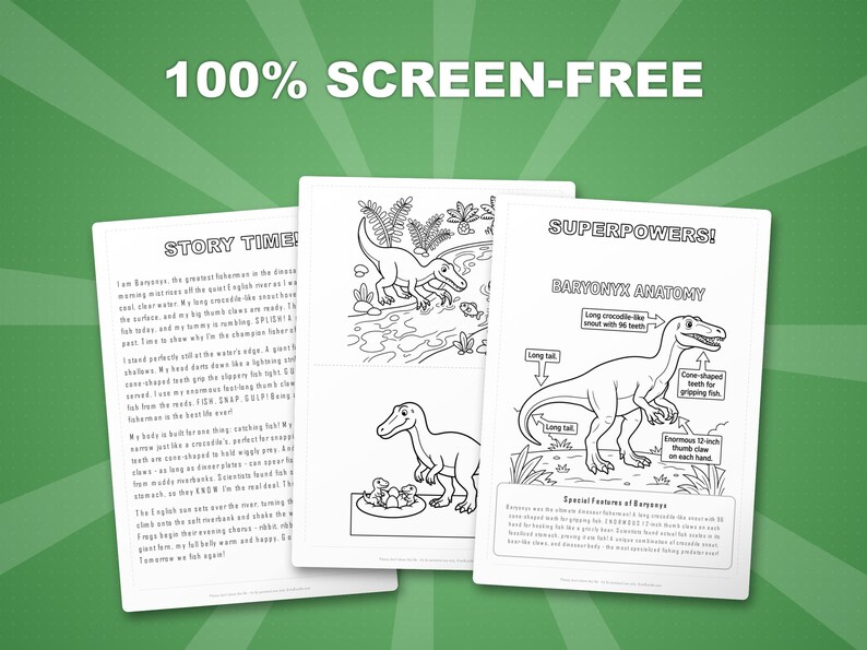 Paquete de actividades sobre el dinosaurio Baryonyx / Páginas para colorear, hojas de trabajo, datos interesantes (descarga en PDF) imagen 3
