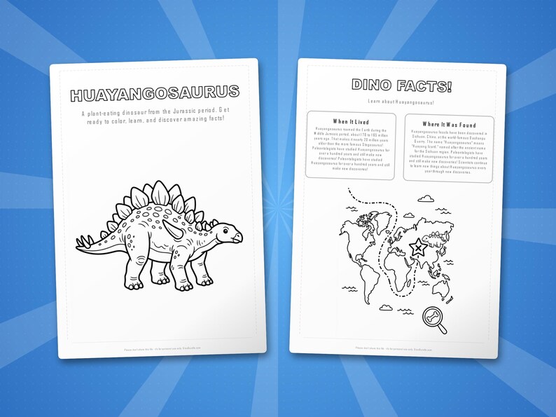 Zestaw aktywności z dinozaurem Huayangosaurus | Kolorowanki, arkusze ćwiczeń i ciekawostki do druku dla dzieci | Edukacja domowa dla przedszkolaków | Natychmiastowy plik PDF zdjęcie 5