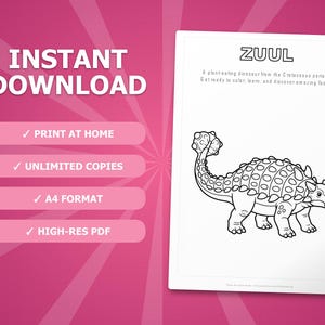 Zuul Dinosaur Activity Bundle | Printable Coloring Pages, Worksheets (PDF Download) image 4