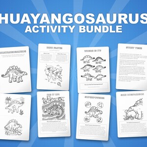 Zestaw aktywności z dinozaurem Huayangosaurus | Kolorowanki, arkusze ćwiczeń i ciekawostki do druku dla dzieci | Edukacja domowa dla przedszkolaków | Natychmiastowy plik PDF zdjęcie 1