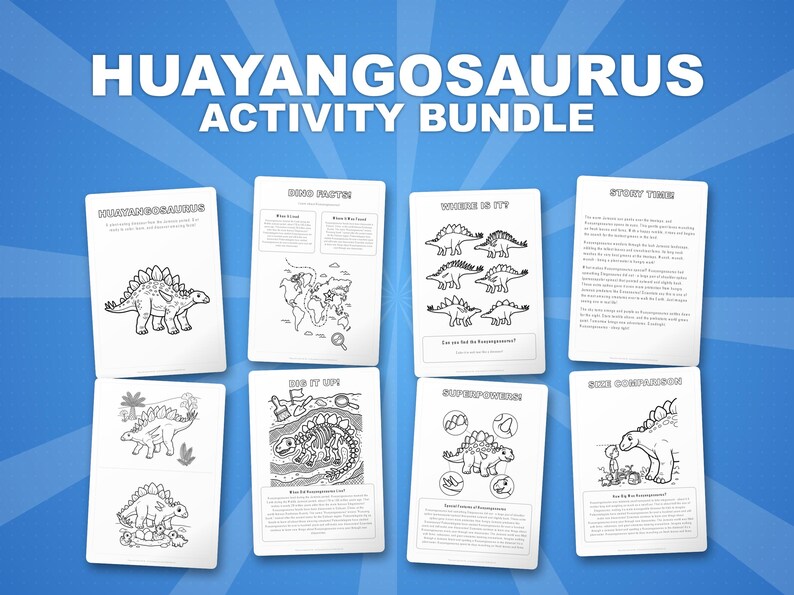Zestaw aktywności z dinozaurem Huayangosaurus | Kolorowanki, arkusze ćwiczeń i ciekawostki do druku dla dzieci | Edukacja domowa dla przedszkolaków | Natychmiastowy plik PDF zdjęcie 1