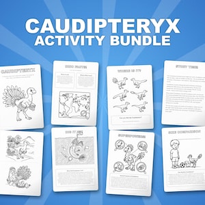 Caudipteryx-activiteitenbundel dinosaurus | Kleurplaten, werkbladen, feiten (pdf-download) afbeelding 1