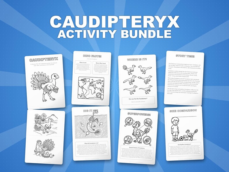 Caudipteryx-activiteitenbundel dinosaurus | Kleurplaten, werkbladen, feiten (pdf-download) afbeelding 1