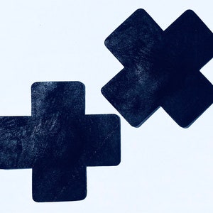 Black Leather X Cross Nipple Pasties, 3&quot; Wide, Hypoallergenic Adhesive, Handmade in USA