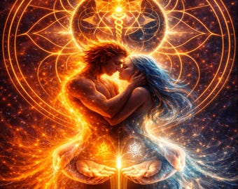 May include: Digital art depicting two figures embracing, surrounded by a glowing, intricate mandala. One figure is fiery orange, the other cool blue, with a cosmic background of stars and light.