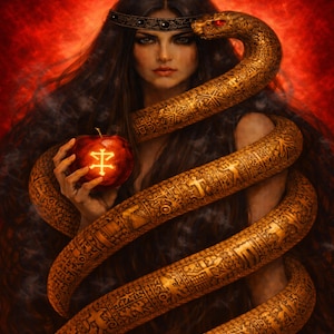 Puede incluir: Una pintura digital de una mujer con cabello largo y oscuro, que lleva una diadema enjoyada. Una serpiente dorada con ojos rojos se enrosca a su alrededor. Sostiene una manzana roja brillante con un símbolo. El fondo es un degradado de rojo.