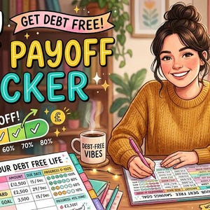 Puede incluir: Un documento de seguimiento de pago de deudas con columnas para nombre de deuda, cantidad y fecha de vencimiento, con una barra de progreso DEBT PAID OFF y texto EASY DEBT PAYOFF TRACKER, junto a una taza con DEBT-FREE VIBES.