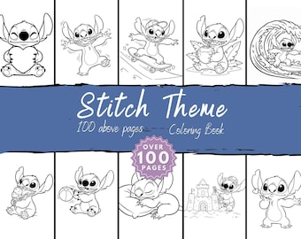 Könnte beinhalten: Ein Schwarz-Weiß-Malbuch mit dem Titel "Stitch Theme" und dem Text "100 Seiten oben - Malbuch". Das Cover zeigt mehrere Illustrationen der Figur Stitch in verschiedenen Posen, mit den Worten "Über 100 Seiten" in einem rosa Kreis.