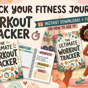 Puede incluir: Un planificador de ejercicios con encuadernación en espiral y una colorida portada con motivos florales y deportivos. El texto dice "THE ULTIMATE WORKOUT TRACKER". Las páginas interiores muestran secciones para registro diario, metas y progreso.