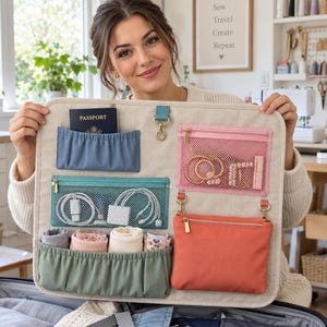 Op de afbeelding: Een beige stoffen reisorganizer met meerdere vakken. Het bevat een blauw paspoortvak, een blauwgroen ritsvak van gaas, een groen ondervak, een roze ritsvak van gaas en een afneembaar oranje ritsvak met goudkleurige hardware.