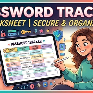 May include: A digital password tracker worksheet displayed on a tablet screen, featuring columns for website, username, password, and notes. The text reads PASSWORD TRACKER WORKSHEET | SECURE & ORGANIZED! and PASSWORD TRACKER. Colorful icons of locks, keys, and shields surround the tablet.