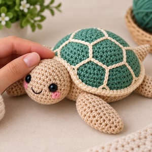 Op de afbeelding: Een gehaakt schildpadspeeltje met een beige kop en ledematen, een donkergroen schild met crèmekleurige stiksels, zwarte plastic ogen en kleine roze geborduurde wangen. De schildpad heeft een rond lichaam en vier flippers, gemaakt van textielgaren.