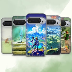 Könnte beinhalten: Eine Sammlung von fünf Handyhüllen mit Kunstwerken, die von der Videospielserie The Legend of Zelda inspiriert wurden. Die Hüllen zeigen verschiedene Szenen, darunter Landschaften, Charaktere und ikonische Bilder aus dem Spiel. Die Hüllen haben ein klares, schützendes Design.