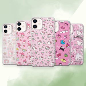 May include: Five pink phone cases with different designs. The cases feature cartoon characters, strawberries, and other cute illustrations. The cases are designed to fit a smartphone.