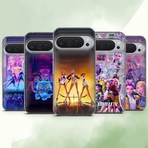 May include: Five phone cases with vibrant designs. The cases display colourful graphics of a group of people in different poses. The cases have a clear border and a black camera housing.