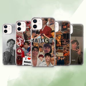 May include: Five clear phone cases, each with a unique collage design. The designs incorporate images of a young man, the name "Malachi", and other decorative elements. The cases are designed to fit a smartphone.