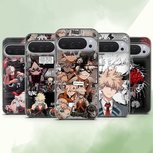 May include: Five phone cases with anime-style graphics. The cases feature various characters in action poses, with a mix of black, white, red, and orange colors. Some cases have text like "BANG" and "DAMN NERD".
