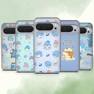 May include: Five phone cases with various designs featuring a cartoon penguin character. The cases have a clear or light blue background with different patterns and illustrations of the penguin, including hats, ice cream, and pancakes.