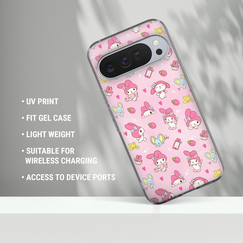 May include: A pink phone case with a repeating pattern of cartoon characters, strawberries, and cupcakes. The case is designed to fit a phone and has a clear border. The text on the side says "UV PRINT", "FIT GEL CASE", "LIGHT WEIGHT", "SUITABLE FOR WIRELESS CHARGING", and "ACCESS TO DEVICE PORTS".
