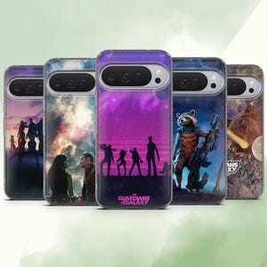 May include: A collection of five phone cases featuring designs from the Guardians of the Galaxy franchise. The cases display various characters and scenes, with vibrant colors and detailed artwork. The cases are arranged in a row, showcasing the different designs.