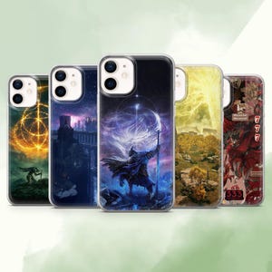 May include: Five phone cases with different fantasy art designs. The cases feature images of a wizard, a cityscape, and other landscapes in shades of blue, yellow, and red. The cases have a clear border.