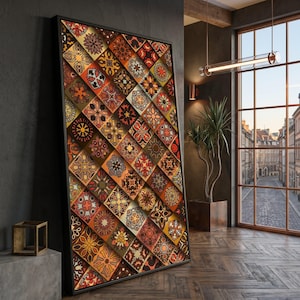 Tela con mosaico autunnale dai toni caldi, decorazione murale con motivo vintage, arredamento boho, tela con motivi floreali geometrici, decorazione dai toni della terra