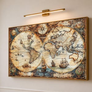Vintage World Map Canvas, Antique Nautical Wall Art, Explorer Globe Canvas, Old World Map Decor, Maritime Sailing Ships Artwork