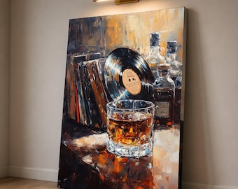 Vintage Vinyl Record and Whiskey Glass Canvas, Retro Bar Scene Wall Art, Music and Drink Decor, Classic Home Accent Canvas, Stylish Wall