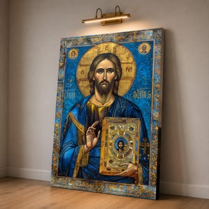 Lienzo bizantino de Cristo Pantocrátor, icono religioso para pared, decoración cristiana ortodoxa para el hogar, arte sacro azul y dorado.