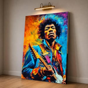 May include: A vertical canvas print featuring a vibrant, abstract oil painting of Jimi Hendrix playing an electric guitar. The portrait uses bold strokes of orange, yellow, blue, and purple to depict the musician in a military-style jacket.