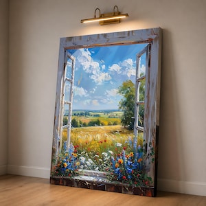 Cuadro de pared con ventana abierta, paisaje campestre, vista de jardín de flores silvestres, cielo azul y nubes, decoración floral de la naturaleza en lienzo.