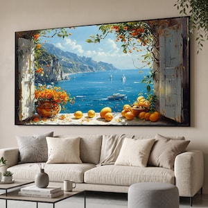 Mediterranean Sea View Canvas, Open Window with Lemons, Coastal Landscape Canvas Wall Art, Floral and Fruit Home Decoration, Summer Sea