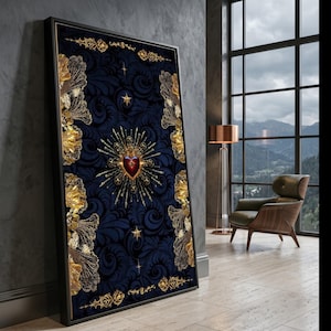 Sacred Heart Canvas Wall Art, Baroque Style Gold Embellishments, Dark Floral Pattern, Spiritual Decorative Canvas, Elegant Home Accent