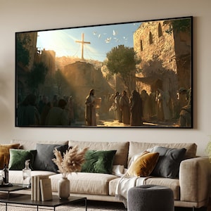 Ancient Biblical Scene Canvas, Holy Scripture Reading, Spiritual Gathering Wall Art, Religious Cross Artwork, Sunset Light Canvas Decoration