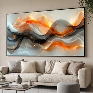 Fließende orange-schwarze Wellen auf Leinwand, abstrakte Fluid Art, moderne Wanddekoration