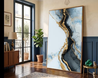 Elegant Gold Veins Canvas Wall Art, Blue and Black Abstract Marble Design, Modern Luxury Home Decoration, Ready to Hang Canvas