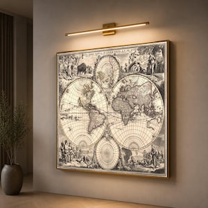 Vintage canvas wereldkaart, antieke wereldbol kunst aan de muur, oude kaartillustratie, historische cartografie canvas, klassieke huisdecoratie