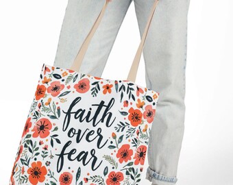 Floral 'Faith Over Fear' Canvas Tote Bag