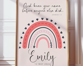 Christlicher Baby Mädchen Namen Druck - Jeremia 1 5 Druck Kinderzimmer Wand Kunst, personalisiertes Regenbogen Geburts Poster, Taufgeschenk für Baby Mädchen