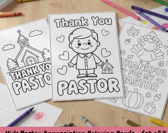 Pastor Appreciation Coloring Cards - Set of 3, Kids Thank You Cards, 5x7 Printable