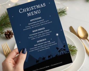 Karta menu na Boże Narodzenie, kolacja wigilijna (Canva 5x7, do pobrania w wersji cyfrowej)