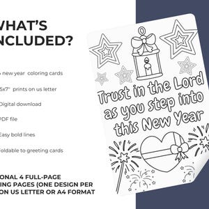 Op de afbeelding: Een zwart-wit kleurplaat met de tekst "Trust in the Lord as you step into this New Year" en illustraties van sterren, een lantaarn, een hart en vuurwerk. De afbeelding bevat ook een lijst met wat er is inbegrepen.