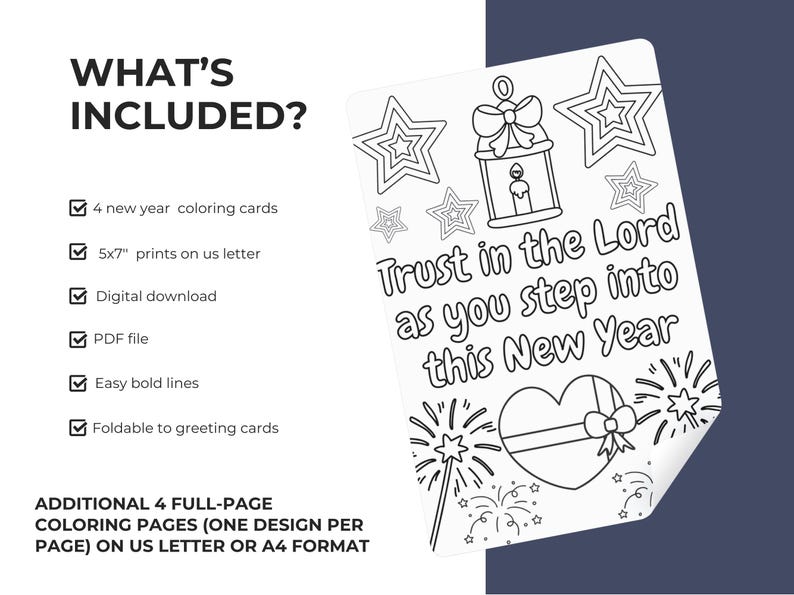 Op de afbeelding: Een zwart-wit kleurplaat met de tekst "Trust in the Lord as you step into this New Year" en illustraties van sterren, een lantaarn, een hart en vuurwerk. De afbeelding bevat ook een lijst met wat er is inbegrepen.