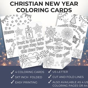 Op de afbeelding: Vier christelijke kleurkaarten voor Nieuwjaar met feestelijke ontwerpen, waaronder sterren, vuurwerk en religieuze tekst. De kaarten zijn 12,7 x 17,8 cm gevouwen en gemakkelijk te printen. De tekst bevat "Zegen", "Geloof" en "Gelukkig Nieuwjaar!"