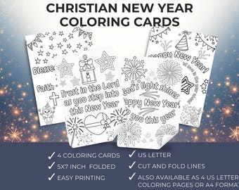 Christian New Year Coloring Cards, Kids Faith Coloring Pages 5x7 Foldable PDF for Church, Sunday School, Family Celebrations