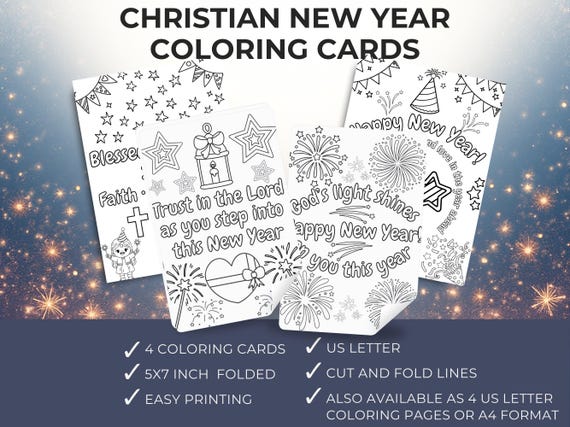 Christian New Year Coloring Cards, Kids Faith Coloring Pages 5x7 Foldable PDF for Church, Sunday School, Family Celebrations