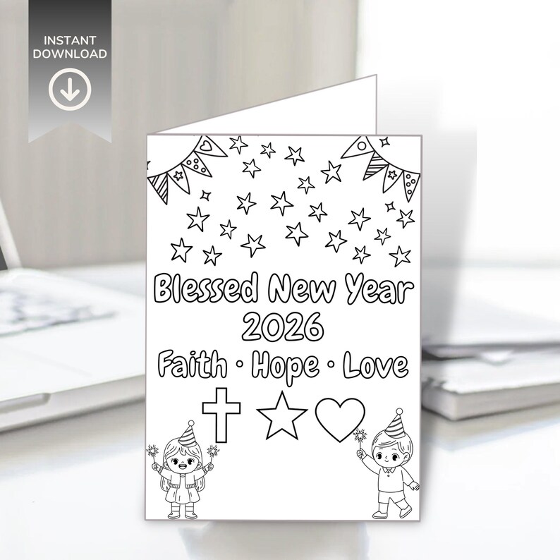 Op de afbeelding: Zwart-wit wenskaart met de tekst "Blessed New Year 2026" en de woorden "Faith, Hope, Love". De kaart bevat illustraties van sterren en banners, samen met symbolen van kruis, ster en hart.