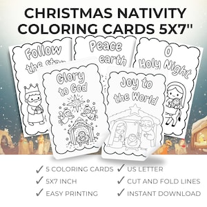 Puede incluir: Un conjunto de cinco tarjetas para colorear del Nacimiento navideño, cada una de 12,7 x 17,8 cm, con ilustraciones lineales de la escena del Nacimiento. Las tarjetas incluyen frases como "Gloria a Dios" y "Noche de Paz".