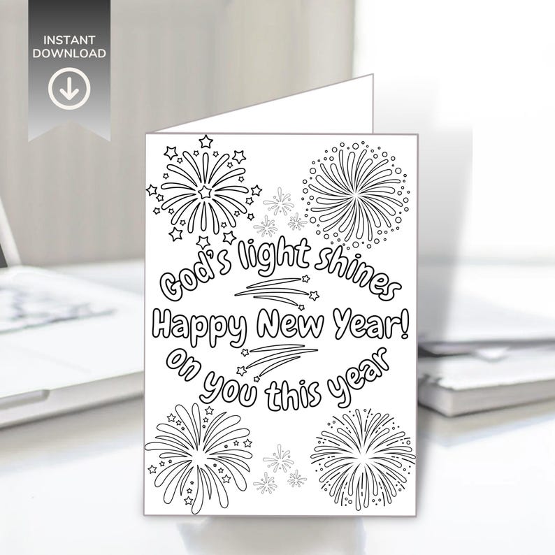Op de afbeelding: Een witte wenskaart met zwarte lijntekeningen van vuurwerk en de tekst "God's light shines Happy New Year! on you this year." De kaart heeft een "INSTANT DOWNLOAD" icoon.